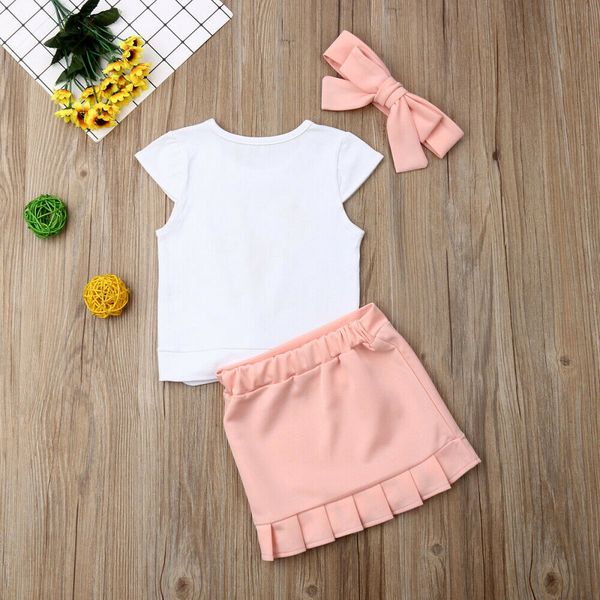 1-5y sweet infant baby girl clothes sets flamingo knotted t-shirt skirt headband 3pcs outfit summer, White